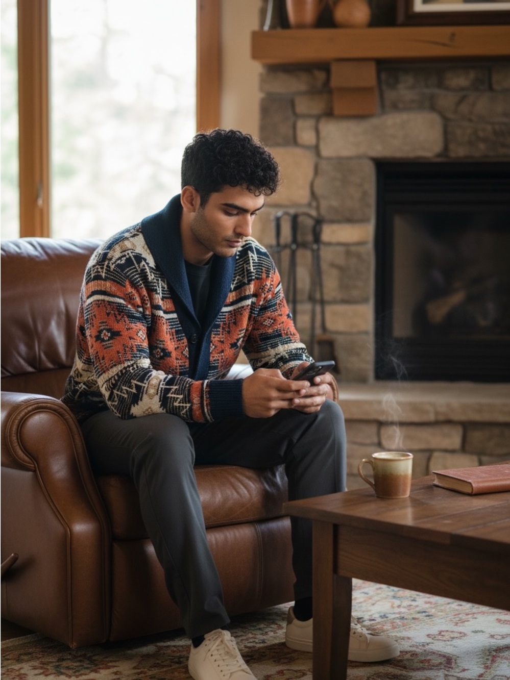 Lucky Brand Men's Fair Isle Shawl Collar Cardigan - Orange & Navy